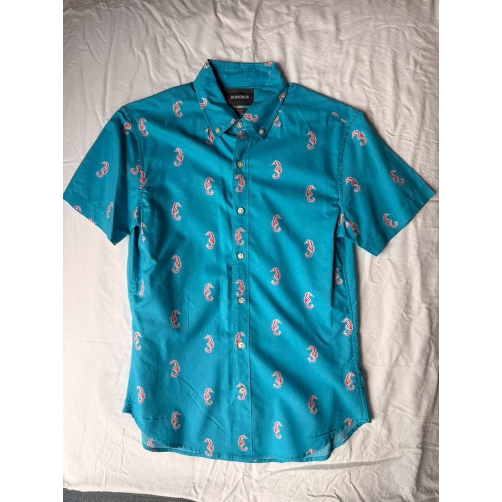 Bonobos Mens Slim Fit Seahorse Print Short Sleeve Button Down Shirt Teal Blue S